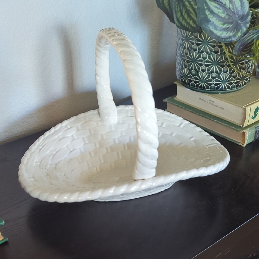 White Ceramic Basket with Handle